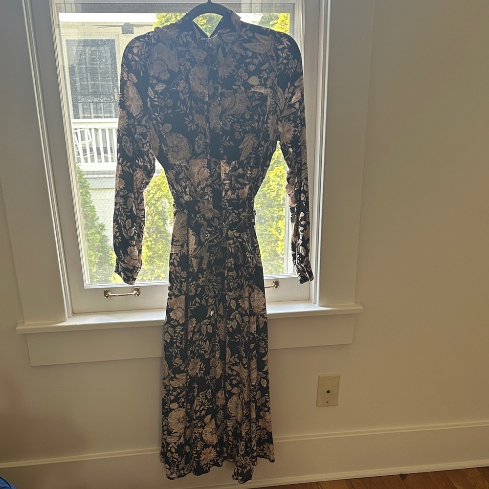Sezane Black and Cream Floral Long Sleeve Dress